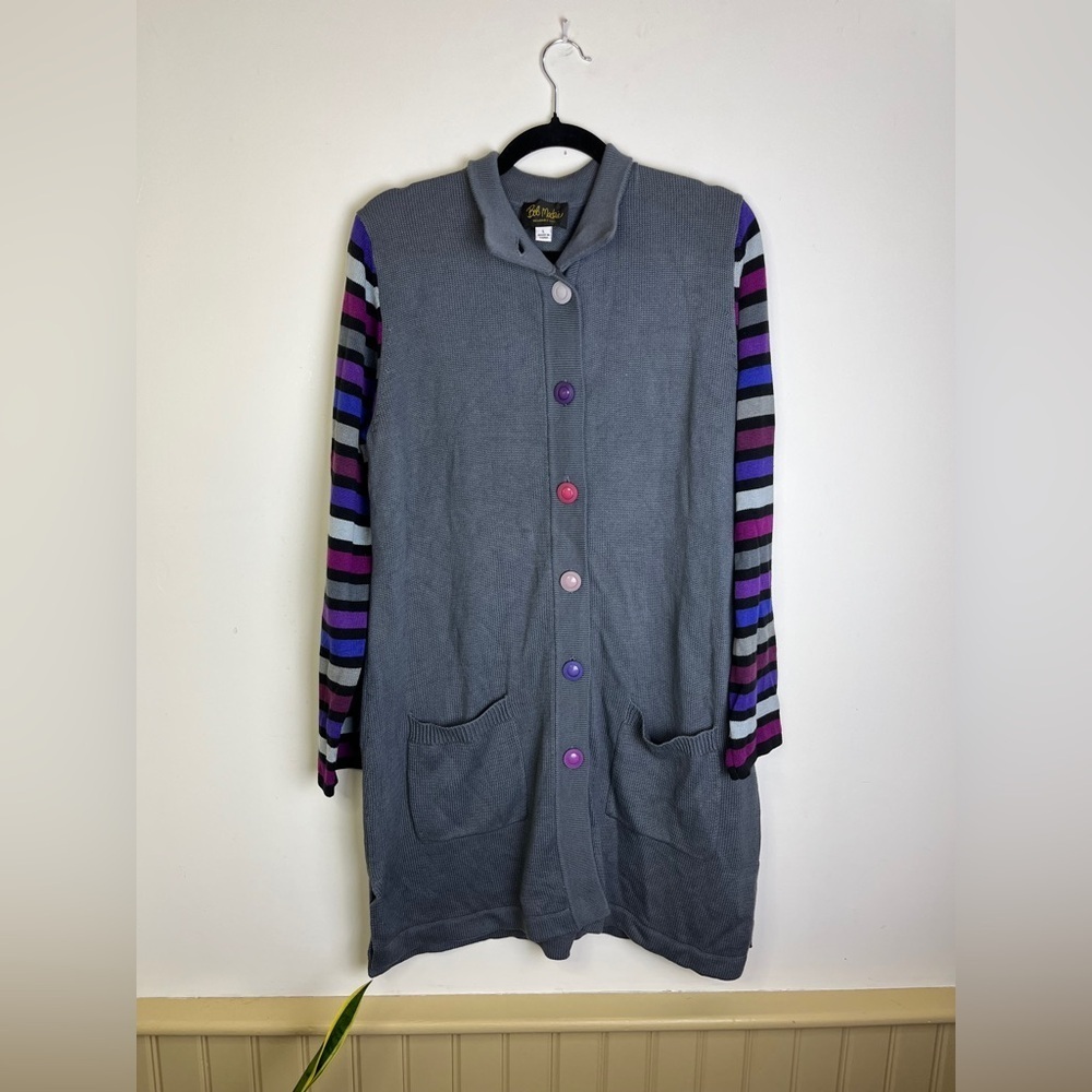 Bob Mackie Wearable Art Longline Cardigan Sweater Dress L Gray Artsy Colorful - Picture 5 of 10